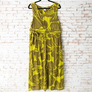 Cabi Women's XL #5953 Tie Front Maxi Dress in a Green Tropical Palm Leaf Print